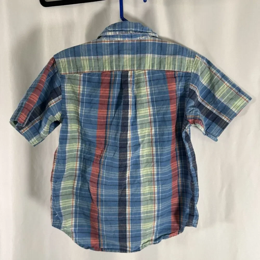 Ralph Lauren Casual Button Up Shirt Boys 4T Blue Plaid Short Sleeve Collared